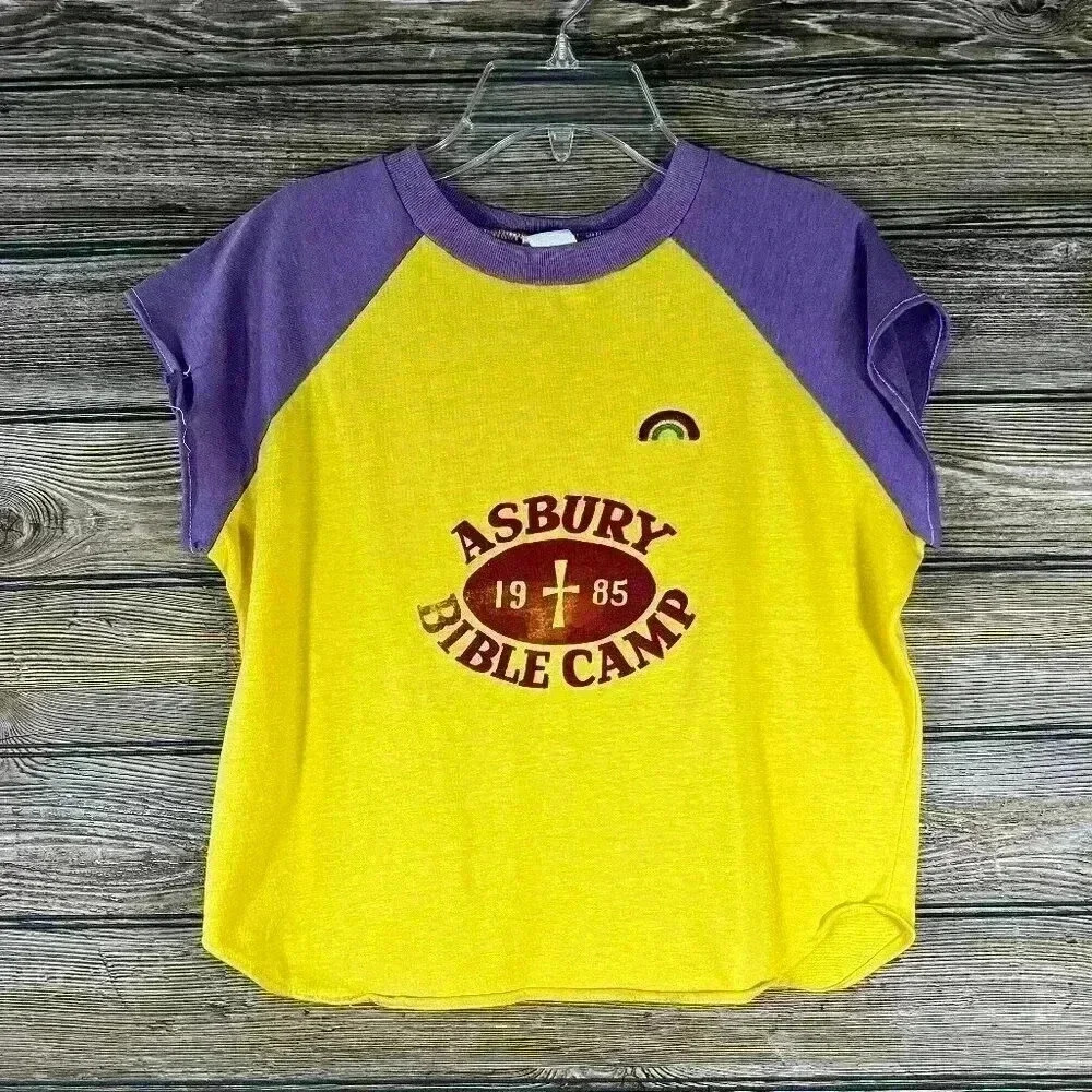 Vintage 1985 Yellow & Purple Tshirt Asbury Bible Camp Crop Top Small / Medium